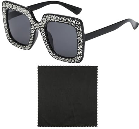 EHDWXVZM 1 Quadratische Sonnenbrille, 1 Brillentuch, Diamantbesetzte Sonnenbrille, Schwarze Damensonnenbrille, Outdoor-Sonnenbrille