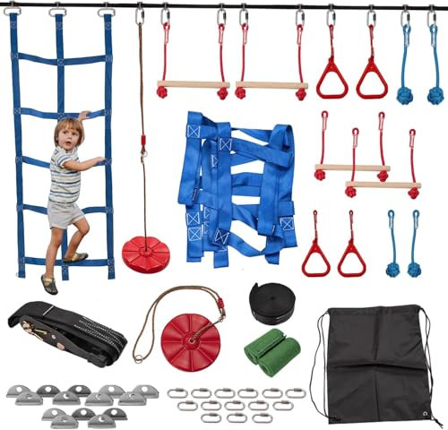 Meulbaty 8 Pcs Outdoor/Garten Ninja Hindernisse Ausbildung Slackline Sets für Kinder: 15M Slackline, 1* Kletternetz, 1* Scheiben Schaukel, 2* Affenstangen, 2* Gymnastikringe, 2* Seilknoten