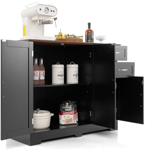COSTWAY Mueble Auxiliar de Cocina, Carrito Moderno con 2 Puertas y 2 Cajones Grandes y Estante Ajustable, Gabinete de Almacenamiento de Buffet para Comedor (Negro)
