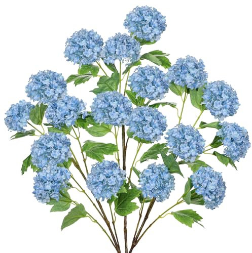 Hollyone 3PCS Hydrangea Artificial Flowers 18PCS Fake Flower Heads, Blue Silk Flowers Faux Flowers with Long Stems, Decorative Hydrangeas for Home Decor, Wedding, Living Room, Kitchen, Tall Vase