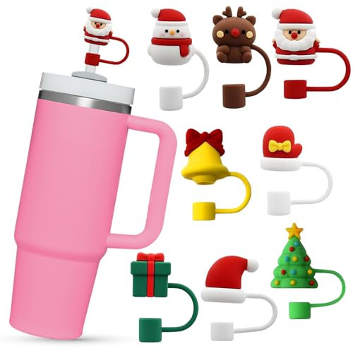 Ceboic 8Pcs Christmas Straw Covers Caps for Stanley Cup, 10mm Dust-Proof Food Grade Straw Toppers Silicone Drinking Straw Tips Lids Reusable Straws Cover Tips for Stanley Tumbler 30&40 Oz