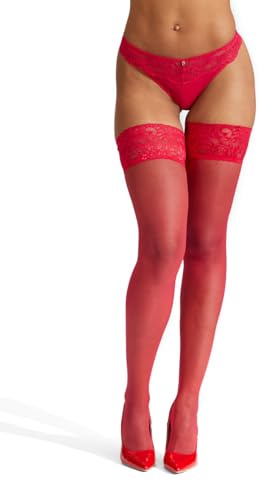 Ann Summers Lace Top Glossy Hold Up Stockings for Women Red