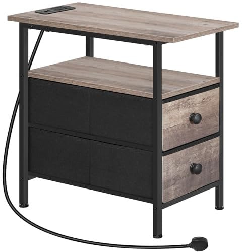 HOOBRO Narrow Bedside Table with Charging Station, with 2 Non-Woven Drawers, Slim Side Table with USB Ports and Power Outlets, Narrow Side Table for Small Spaces, Greige and Black EBG486KBZ01