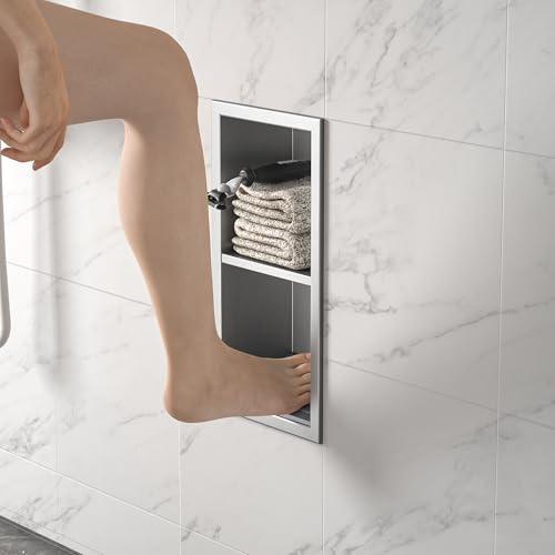 Bernkot Duschnische - Niche murale en acier inoxydable 304 avec étagère brossée - 31 x 12 cm - Pour salle de bain - Repose-pieds avec montage sur le dessus - Pas de carrelage nécessaire