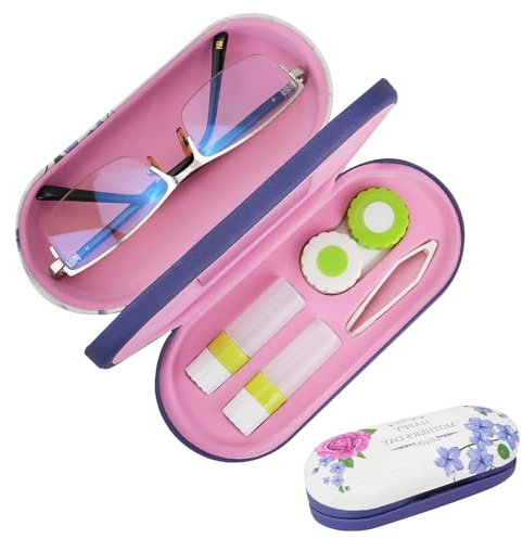 STNRST-IN 2 in 1 Contact Lens and Glasses Case, Double Sided Portable Eyeglass Lens Box Holder for Travel, Contact Case Kit with Built-in Mirror, Tweezer and Contact Lens Solution Bottle (Purple)