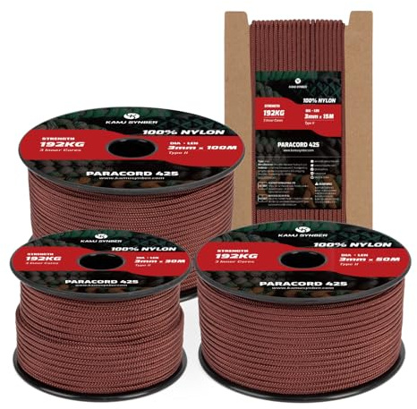 Kamu Synber Paracord 3mm x 50m 100% Nylon Cuerda Paracord 425 Tipo II 3 Hebras Cuerda Resistente para Todo Uso, Exterior, Bricolaje | Soporta 192kg | Marrón Chocolate
