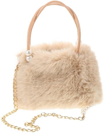 SAFIGLE Große Damen Plüsch Handtasche Mit Eleganter Perlenkette Kuschelig Weiche Winter Tragetasche Feminine Umhängetasche Für Herbst Und Kalte Tage Modischer Teddyfell Shopper in Beige