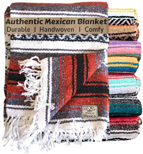 Del Mex Classic Mexican Blanket, Large Authentic Woven Falsa Throw (75x50), Artisan Southwest Décor for Beach, Yoga, Outdoors (Terracotta)