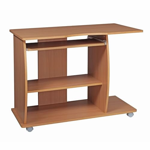 KADIMA DESIGN Tavolo da computer in faggio arrotolabile, 90 x 71 x 50 cm, con estrattore per tastiera, tavolo per computer portatile su ruote bloccabili, tavolo per PC con ripiano per stampante