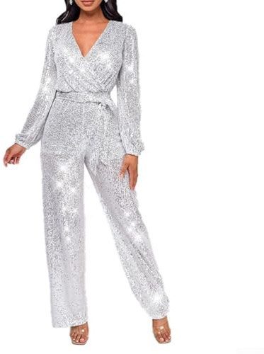 Stylischer Pailletten-Jumpsuit für Damen mit Langen Ärmeln, perfekt für Saisonale Feiern und Partys (XL Silber)