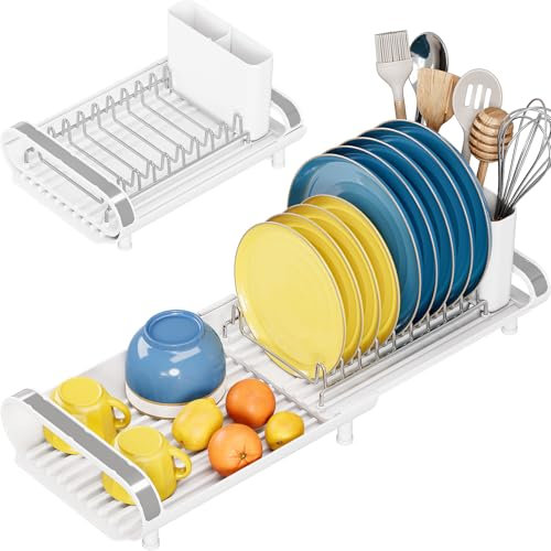 Dish Drainer Rack, Small Dish Drainer, Expandable Dish Rack With Removable Cutlery Holder, Anti Rust Small Drying Rack for Sink, Compact Draining Board Rack For Kitchen Counter, White