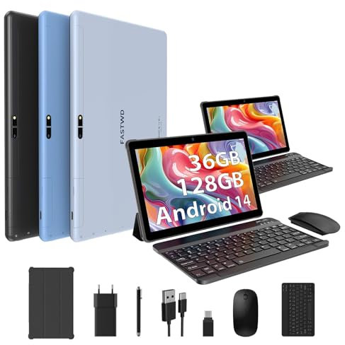 DEEMWOLF Tablet 10 Inch Android 14 tablet 36GB RAM+128GB ROM (TF 1TB),Android Tablets 5G WiFi,BT5.0,8000mAh,with Keyboard+Mouse(Blue)
