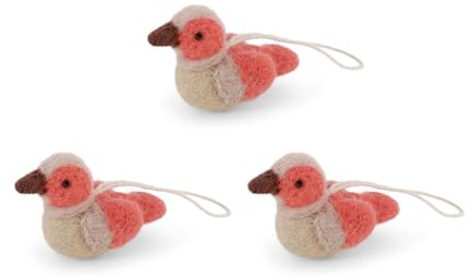 Handgemacht & Fairtrade-Zertifiziert | Gry & Sif | Stilvolles dänisches Design x Nepali Kunsthandwerker | Anhänger - Mini-Vögel aus Filz für Wohnzimmer-Dekoration | Koralle/Beige | 3er-Set