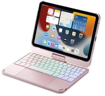 Funda con Teclado para iPad Mini 7 A17 Pro/Mini 6.ª generación, Panel táctil Giratorio de 360° y Teclado retroiluminado de 7 Colores,Rosado
