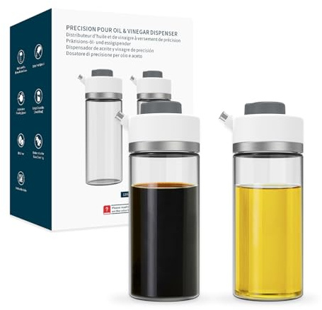 KITCHENDAO Precision Pour Glass Oil Dispenser 2-Piece Set with 3 Modes, Drip-Free Spout, Two Adjustable Flow Speeds, 12 oz Oil and Vinegar Dispensing Bottle 2 Pack Set for Kitchen
