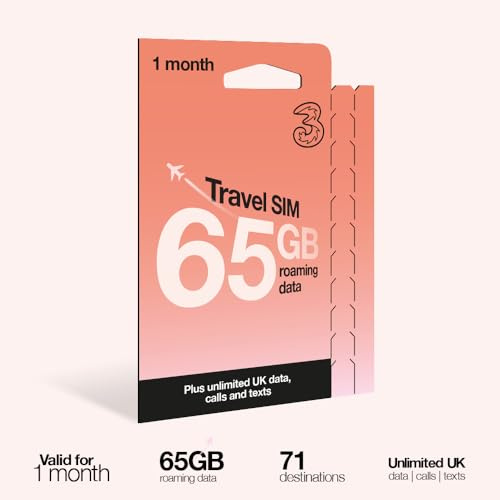 Three 30 Day Travel Sim, Unlimited Voice with 65GB Data Roaming