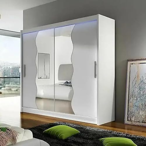 Agritrade AK BEGA X180 Wardrobe 180cm with Sliding Doors Mirro Hanging Rail Shelves Modern Bedroom Storage White Led