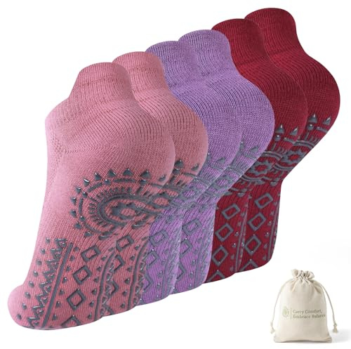 BISOUSOX Pilates Socken Damen Anti-Rutsch Baumwolle Yoga Socken mit Noppen | Stoppersocken Damen für Fitness Ballett Zuhause Rutschsocken 3 Paare Geschenk für Frauen Schwangere Mutter