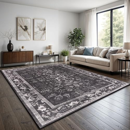 TT Home Boho Vintage Teppich Wohnzimmer Kurzflor - Retro Design, rutschfest & pflegeleicht, modern für Esszimmer & Flur Waschbar, Farbe:Anthrazit, Größe:200x280 cm