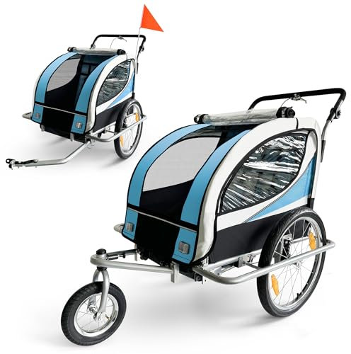 SAMAX Remolque de Bicicleta para Niños 360° girable Kit de Footing Transportín Silla Cochecito Carro Suspensíon Infantil Carro en Azul - Silver Frame