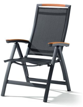 Sieger Catena Klappsessel 332-G-G | Aluminium/Textilene | Teakholz Armlehnen | 6-fach verstellbare Rückenlehne | Witterungsbeständig | Farbe Eisengrau/Grau