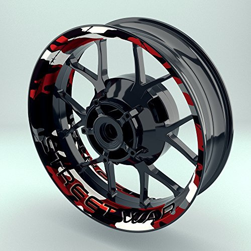 OneWheel Felgenrandaufkleber Motorrad 4er Komplett-Set (17 Zoll) - Felgebettaufkleber Camouflage Redwood (schwarz-weiß-rot) (Design 4 - matt)