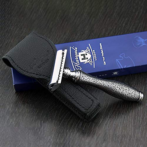 Classic de Rasierhobel mit Silber Griff antik inspiriert & Leder Schutzhülle (keine Klingen im lieferumfang enthalten) > Retro Nassrasur für Herren | Gent 's Pflege Geschenk