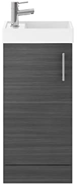 Nuie MIN003 Vault Modern Bathroom Cloakroom Compact Single Soft Close Door Floor Standing Vanity Unit with 1 Tap Hole Ceramic Basin, 400mm, Woodgrain Anthracite