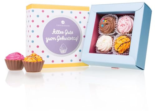 CHOCOLISSIMO - Schokolade Geschenk Geburtstag - Pralinen Geschenk - mit Alkohol - 4 handgemachte Cupcakes Pralinen - Kleines Geschenk für Frauen, Männer, Papa, Mama, Partner, beste Freundin