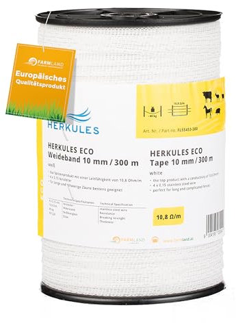 Farmland Herkules Power Weidezaunband - 300 Meter Weidezaun Band - Robustes Weideband mit Niroleitern - 10 mm breites Weidezaun Breitband für alle Tierarten