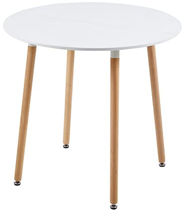 EGGREE Mesa de cocina redonda moderna de diseño, mesa de comedor de madera escandinava, patas de madera maciza, 80 x 75 cm, color blanco