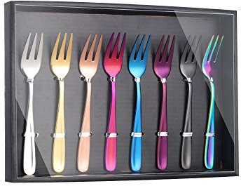 Buyer Star 8 Stück Dessert-Gebäckgabel-Set, Edelstahl 18/10 bunte Kuchengabeln 14 cm Salatgabeln, mehrfarbige Vorspeisengabeln in schwarzer Box für Party, Hochzeiten, Brautparty, Geburtstag