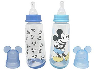 Disney Cudlie Mickey Mouse Baby Boy 2 Pack of 9 Oz Bottles with Removeable Character Molded Lid in Baby Mickey Star Print