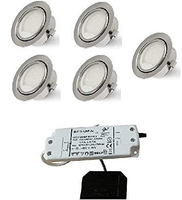 5er Set Rolux LED Einbauleuchte DF-9251b-2 matt-chrom 58mm Bohrloch 2,5W 12V warm-weiß ultra Flach inkl. Trafo und Zuleitung, Leuchtmittel austauschbar