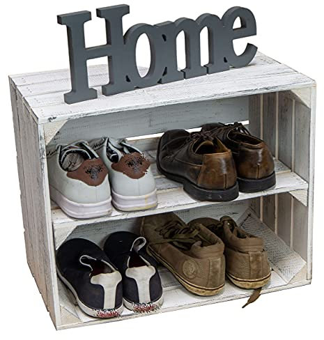 Holzkisten Shabby weiss Schuhablage Schuhständer DIY Upcycling Regalbau Schuhaufbewahrung für Kinder und Erwachsene stabiles Regal in Obstkisten Weinkisten Optik (Shabby weiss Längs, 1er Set)
