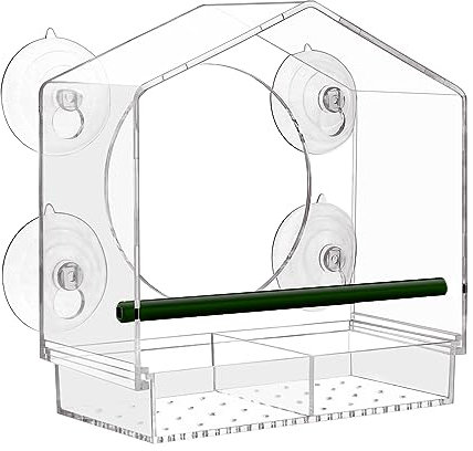 Suekiria Window Bird Feeder, Acrylic Bird House, Transparent, Clear, Mount with 4 Strong Suction Cups, Removable Food Tray with Drain Holes, Easy Install and Clean for Backyard and Outdoor