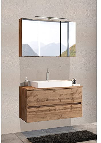 Lomadox Badmöbel Waschplatz Set 100 cm in Wotan Eiche Nb. inkl. Aufsatzwaschbecken, B/H/T: ca. 100/200/48 cm