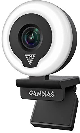 GAMDIAS Iris M1 Streaming Webcam, Full HD 1080p 60FPS, Lente Premium sin distorsión, Anillo de luz Ajustable, Enfoque automático preciso, Funciona con OBS/StreamLabs/X Split para Twitch