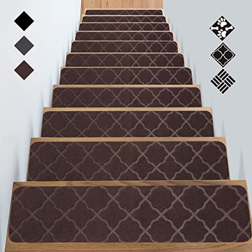 GOYLSER Stufenmatten Treppenstufen Matten Treppenteppich Selbstklebend Treppenmatten Anti-Rutsch Stufenteppich Rechteckig Rutschschutz Teppich für Kinder Haustiere Braun (76x20cm 15 Stück)