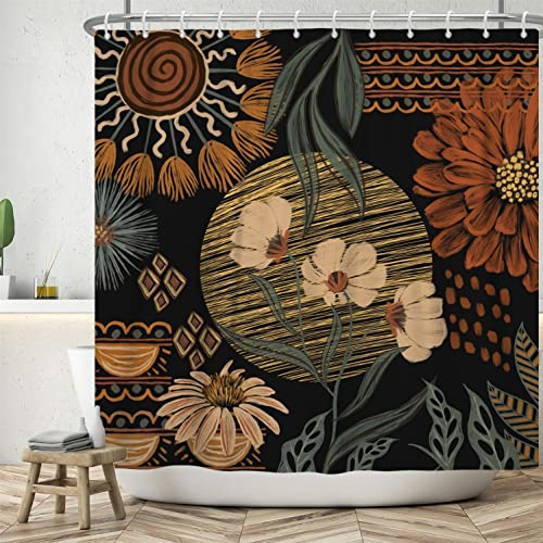 ASDCXZ Rideau de Douche 180x180 cm Style Boho, Art Abstrait Rétro Feuilles de Fleurs Noir, Lavable en Textile, Imperméable pour Baignoire avec 12 Crochets
