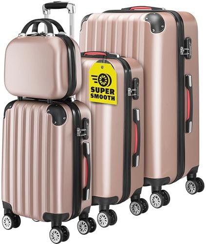 MONZANA® 4 Piece Travel Suitcase Set Including Beauty Case, Organisers, Strap, Tags & Luggage Scale | 3 Cases with Carry-On Vanity | ABS Hard Shell | 4X Spinner Wheels | Built in Lock | Pink