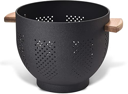 Colador de metal con mango de madera y base estable, cesta coladora de cocina de acero con recubrimiento en polvo para escurrir pasta, verduras y frutas (7 cuartos de galón, negro mate)
