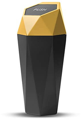 CGEAMDY Bote de Basura para Coche con Tapa, Mini Cubo de Basura del Vehículo, Pequeño Portátil Caja de Almacenamiento para Soporte Tazas de Coche, Papelera para Hogar, Oficina, Cocina (Oro)