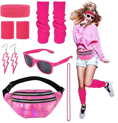 Heyu-Lotus 80er Jahre Outfit Damen, 90er Jahre Kostüm Kleidung Accessoires mit Bauchtasche, Stirnband, Beinwärmer, Armbänder, Brille und Ohrring für Karneval Neon Party, Rosa
