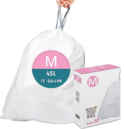 Code M Heavy Duty Trash Bags with Reinforced Drawstring for 12 Gallon/45 Liter Compatible with simplehuman Code M (50 Count) | Tear & Leak Resistant Drawstring Garbage Liners