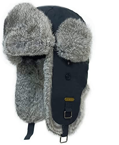 HEYANN Fliegermütze Herren Echtfell Winter, Uschanka Wintermütze Trapper Mütze mit Ohrenklappen Kaninchenfell Ushanka Warme Russenmütze mit Ohrenklappen für Männer Frauen (S/M, Qingzilan)
