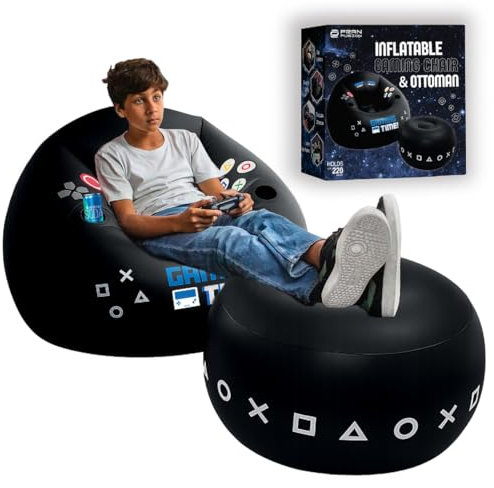 FranFusion Aufblasbarer Gaming-Stuhl für Kinder und Jugendliche mit Ottomane, Videospiel-Stühle, perfekt als Spielzimmer-Dekoration, aufblasbare Möbel für Gamer, schwarzer Sitzsack im Gaming-Stil
