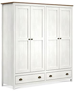 moebel-eins TRICO Kleiderschrank/Drehtürenschrank, Material Massivholz, Kiefer Weiss/eichefarbig, 4-türig