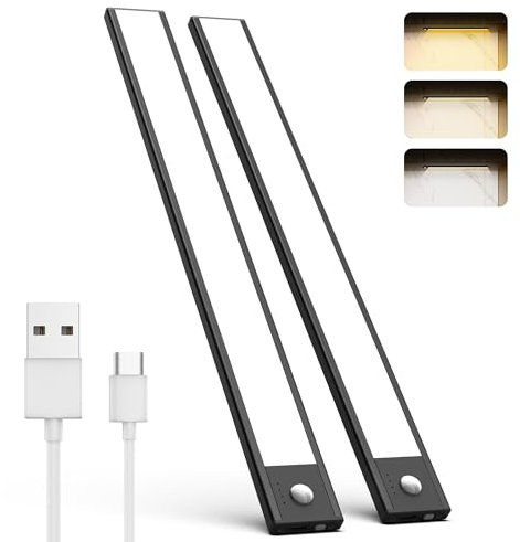 NOVTEKE 30CM Unterbauleuchte Küche LED 2 Stück, 68LED Dimmbar Schrankbeleuchtung mit Bewegungsmelder 3 Farbmodi Dimmbar, 2500mAh Aufladbar Led Lichtleiste für Küche, Theke, RV, Treppe, Badezimmer