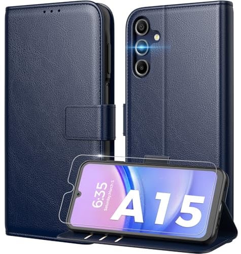 Peakally Handyhülle für Samsung Galaxy A15 4G / 5G Hülle [Mit 1 Stück Panzer Schutz Glas] [Premium PU Leder] [RFID-Blockierung] [Kartenfach] [Ständer] Klapphülle kompatibel mit Galaxy A15 - Blau